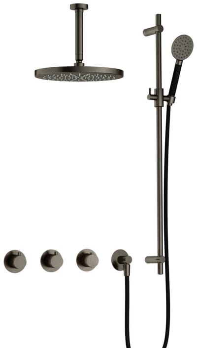 Hotbath Cobber IBS70 inbouw regendoucheset met ronde handdouche aan houder en 30cm ronde hoofddouche aan 15cm plafondarm verouderd ijzer