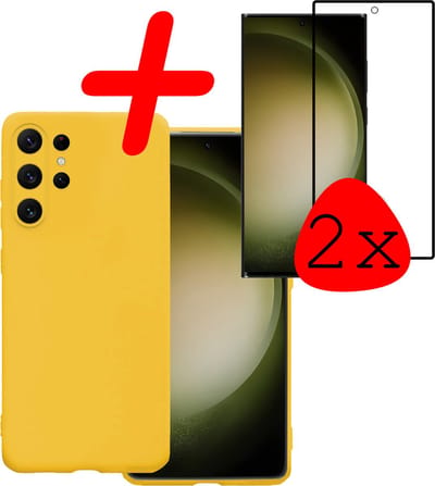 Hoesje Met 2x Screenprotector - Geschikt voor Samsung Galaxy S23 Ultra - Sterk & Shockproof - Back Cover - Siliconen Case - Telefoon Hoes - Geel
