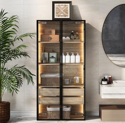 DESMIU Badkamerkast - Met Ledverlichting En Glazen Deuren - Voor Badkamer En Woonruimte - MDF Naturel - 74 X 36 X 155 Cm