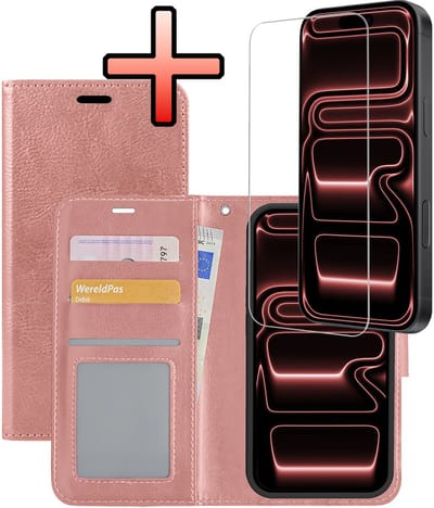 Hoesje - Met Screenprotector - Geschikt voor Apple iPhone 17 Pro - Luxe Pasjeshouder - Bookcase Portemonee - Flip Case - Kunstleer Book Case - Flipcase - Book Cover - Walletcase - Portemonneehoes - Rosé goud