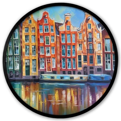 Poster in lijst Rond - Fotolijst 40x40 cm - Posters - Amsterdam - Olieverf - Gracht - Schilderij - Kunst - Ronde posterlijst zwart - Decoratie - Wanddecoratie woonkamer - Muurdecoratie slaapkamer