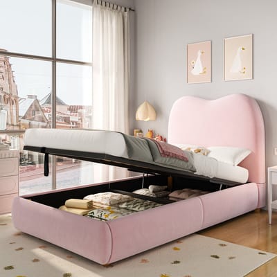PHOEBE CAT Gestoffeerd bed - 90 x 200 cm - Opbergruimte - Kinderbed - Velvet - Roze