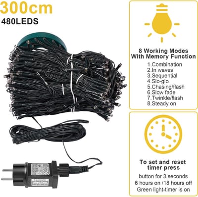 MUPOO Kerstboom Kerstverlichting Ring - voor Buiten - 3 meter - 480 Warm Wit LED Lampjes - Boomverlichting voor Kerstboom - met 8 modi - Timer - EU-stekker - Kerstdecoratie