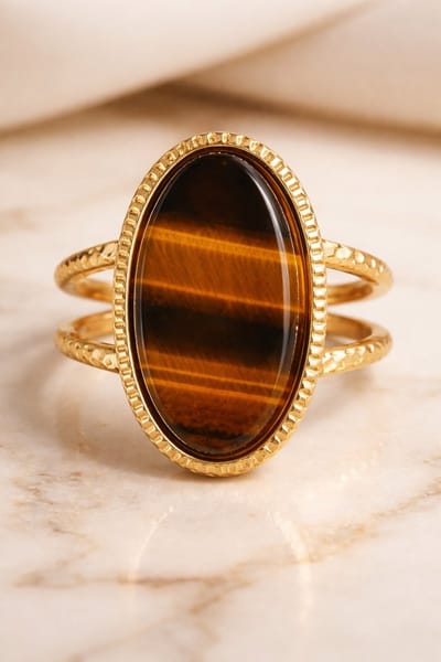 Lundholm Sienna Statement Ring Dames Goud Kleurig – Premium Stainless Steel Gold PVD Plated – Luxe Verstelbare Ring met Tijgeroog Groot – One Size – Scandinavisch Design