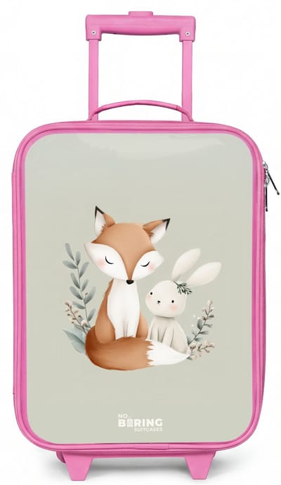 NoBoringSuitcases.com® - Kinderkoffer roze - Kindertrolley meisje - Vos en konijn omringd door groene blaadjes - Koffer kind lichtgewicht - Reiskoffer trolley voor kinderen - Koffertje met lichtgevende wieltjes - Rolkoffer