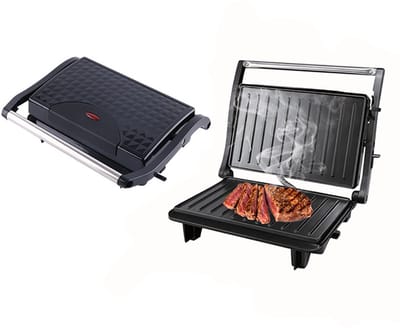 Elektrische Panini- en Sandwichgrill met antiaanbakplaten; opent 180 graden geschikt voor elk type of formaat voedsel; voorzien van vaatwasserbestendige, uitneembare lekbak.