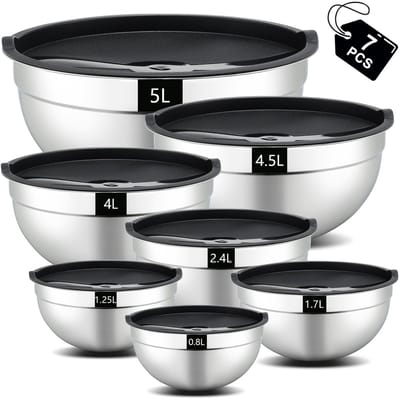 hunnycook Mengkom, 7-delige set, roestvrij stalen slakom met deksel, stapelbare mengkomset, vaatwasmachinebestendig, 4,5 l, 4 l, 3,5 l, 2,1 l, 1,5 l, 1,1 l, 0,7 l, mixing