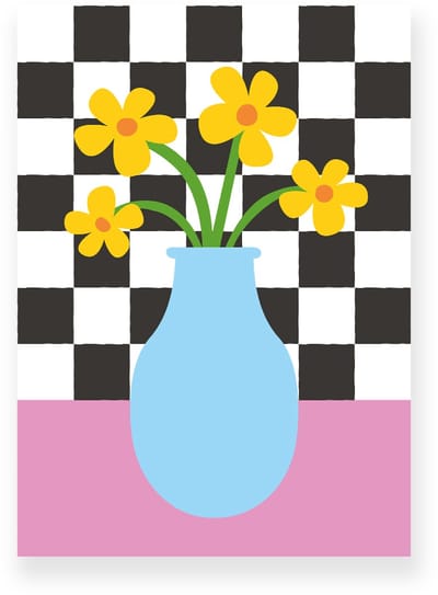 Poster 20x30 cm - Vaas met Bloemen - Geblokte Tegels - Roze - Blauw - Vintage - Eclectisch - Muurdecoratie - Wanddecoratie