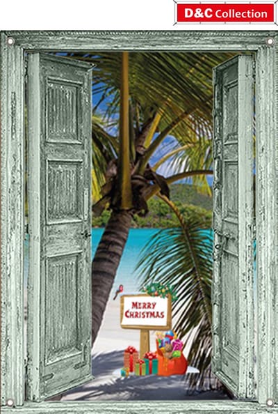 Tuinposter - 65x90 cm - groene deuren strand palm - kerstposter - winterposter - kerstdecoratie