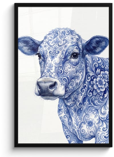 Poster in lijst - Fotolijst 60x90 cm - Posters - Illustratie - Koe - Blauw - Posterlijst zwart - Decoratie - Wanddecoratie woonkamer - Muurdecoratie slaapkamer