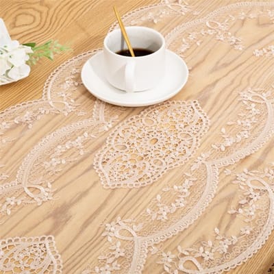 Dailygoods- Tafelkleed Vintage - Tafelloper met Kanten Borduurwerk - Ovaal 40 x 90 cm - Decoratie voor Bruiloft/Feest - Polyester - Wit/Champagne