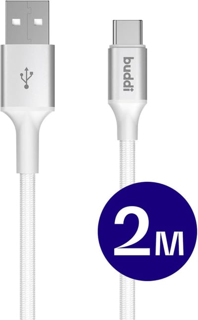 Buddi Flex | USB-A naar USB-C Kabel 12W Fast Charge 5V/2.4A | 480Mbps Dataoverdracht | Gevlochten Nylon | 2M | 2 Meter | Wit