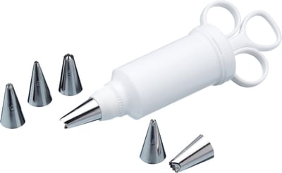 KitchenCraft Glazuur Spuit Met Spuitmondjes - 12 x 17 x 22 cm Plastic En Roestvrij Staal - Wit En Zilver