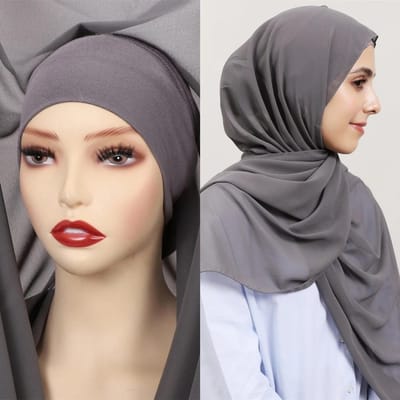 Hijab Châle Wrap Instantané Premium en Mousseline Avec Aimants Intégrés Couleur Unie Foulard Écharpe Musulmane pour Femmes Avec Sous-Turban black