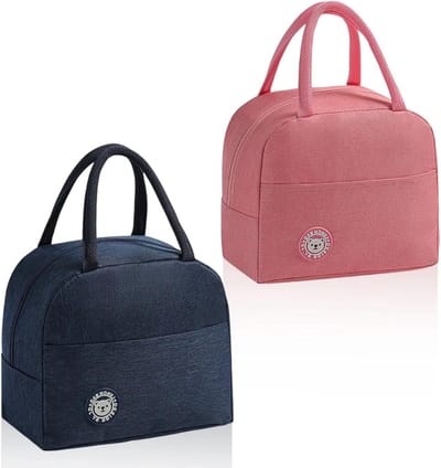 Koeltas Set van 2, Mini Lunch Tassen in Navy Blauw en Roze met Zijvakken en Handvatten, Ideaal voor Kantoor, Gezinnen en Schooluitjes