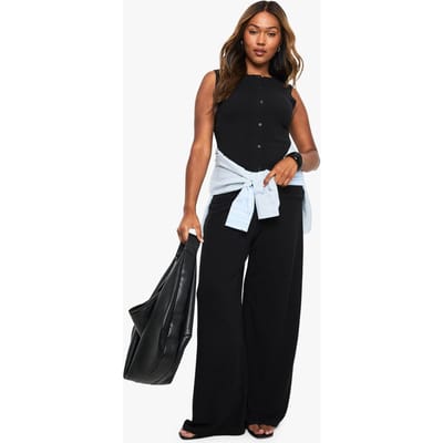 boohoo Dames Plus Rib Knoop Door Vest en Broek Co Ord | Zwart | Maat: 54