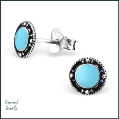 Aramat Jewels | Oorbellen | 925 Zilveren Bali Oorbellen Rond - Etnisch Design | Emaille Blauw/7mm | | | Zilver | Kinderen, Volwassenen | Verkleurd niet