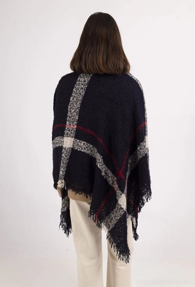 Dames poncho Erika fantasiemotief met colkraag donker blauw navy rood beige