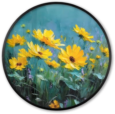 Poster in lijst Rond - Fotolijst 60x60 cm - Posters - Penseelstreken - Bloemen - Felgeel - Abstract - Ronde posterlijst zwart - Decoratie - Wanddecoratie woonkamer - Muurdecoratie slaapkamer