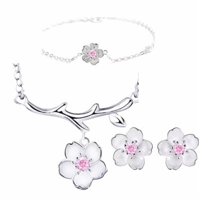 3-Delig-ketting- arm- oorbellen-Roze bloem-Zilver-Makenzie