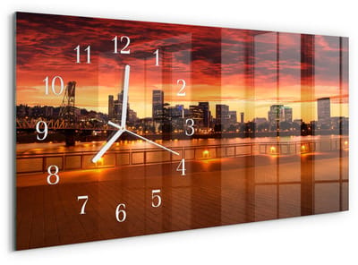 Tulup Wandklok - Zonsondergang Wandklok Glas Decoratie - 60x30 cm - Rood Gekleurde Glazen Klok - Witte Handen - Rechthoekige Wandklok - Wandklok Glas Met Motief - Decoratieve Glazen Klok