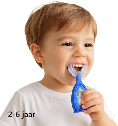 U-vormige tandenborstel voor kinderen – 360° handtandenborstel met zachte siliconen borstelkop – Blauw met pinguïnprint – Geschikt voor kinderen van 2 t/m 6 jaar – Mondhygiëne voor peuters en kleuters