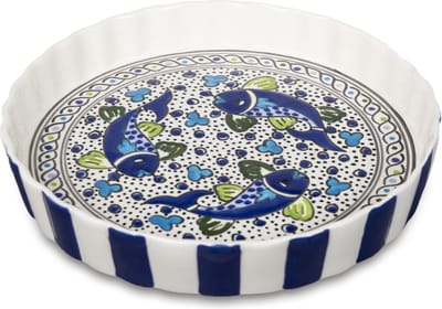 Quicheschaal taartvorm Poisson serveerschaal handgemaakt Ø 24 rond blauw wit vissen | QU.PO.30 | Dishes & Deco