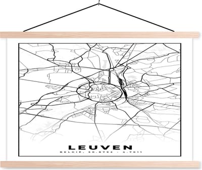 Posterhanger incl. Poster 90x60 cm - Schoolplaat - België – Leuven – Stadskaart – Kaart – Zwart Wit – Plattegrond - Textielposter - Blanke latten - Stadskaart