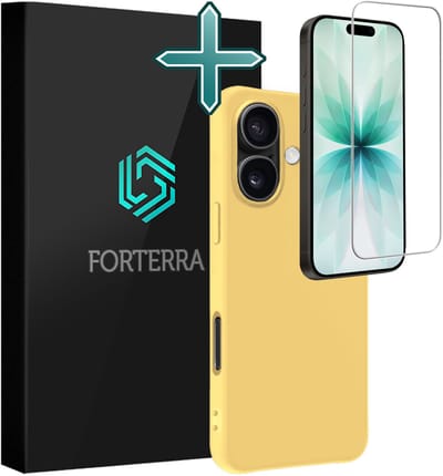 Hoesje Met Screenprotector - Geschikt voor Apple iPhone 17 - Sterk & Shockproof - Telefoon Hoes - Back Cover - Siliconen Case - Geel