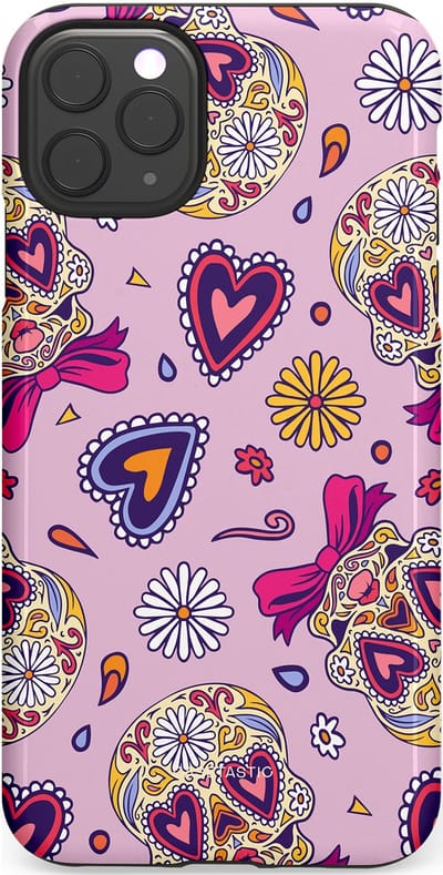 Casetastic hoesje geschikt voor Apple iPhone 11 Pro Max - Dubbellaagse bescherming - Dia de los Muertos Doodshoofd Strik - Fashion Case - Lichtroze Lila Taupe Zilver