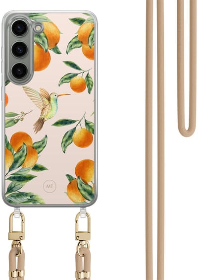 Hoesje met koord geschikt voor Samsung Galaxy S23 - Tropical fruit - Inclusief Beige koord - Crossbody beschermhoes - Transparant, Multi - Mooie Telefoonhoesjes