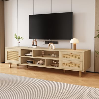 DESMIU Tv Meubel - Met Kabeldoorvoer En Rotan Opbergruimte - Voor Woonkamer En 70 Inch Televisie - Spaanplaat - 160x39x40,5 Cm - Eiken