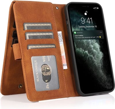 Zacht Leren geschikt voor iPhone 14 Pro Wallet Hoesje - bruin