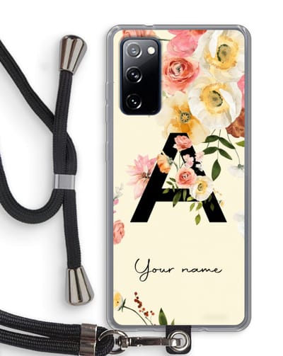 Gepersonaliseerd - Case Company® - Hoesje met koord geschikt voor Samsung Galaxy S20 FE / S20 FE 5G hoesje met Koord - Flirty Flowers Monogram - Telefoonhoesje met Zwart Koord - Bescherming aan alle Kanten en Over de Schermrand