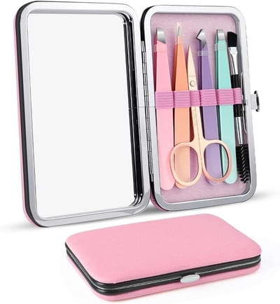 Professionele RVS Wenkbrauwtangen Set met Precisie en Reisdoos voor Ingegroeide Haren, Wenkbrauw Epileren en Wimperextensions (Roze)
