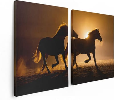 Artaza Canvas Schilderij Tweeluik Silhouet Van Twee Paarden - 120x80 cm - Wanddecoratie Woonkamer - Schilderijen - Muurdecoratie