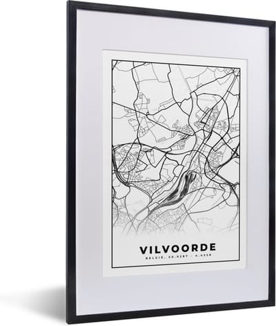 Fotolijst incl. Poster Zwart Wit- Stadskaart – Plattegrond – België – Zwart Wit – Vilvoorde – Kaart - 30x40 cm - Posterlijst