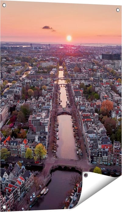 Gards Tuinposter Bovenaanzicht Amsterdam met Zonsondergang - 60x90 cm - Tuindoek - Tuindecoratie - Wanddecoratie buiten - Tuinschilderij