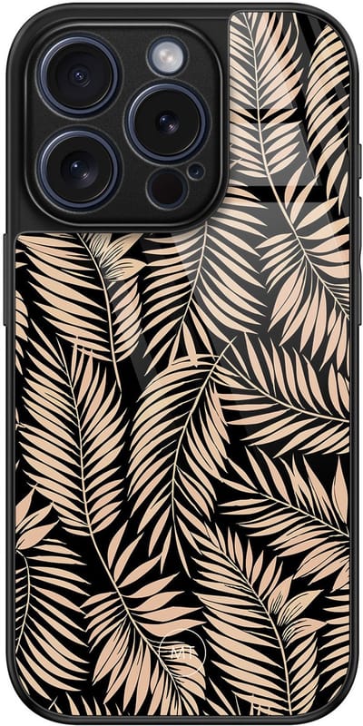 Hoesje geschikt voor iPhone 15 Pro - Palm silhouette - Luxe Hard Case - Natuur - Zwart, Bruin - Mooie Telefoonhoesjes