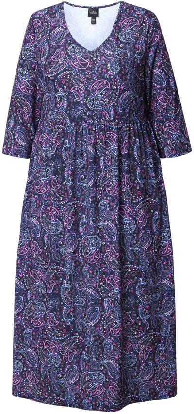 Ulla Popken - Dames - Jersey jurk A-lijn V-hals 3/4-mouw - Zwart - Maat 54+