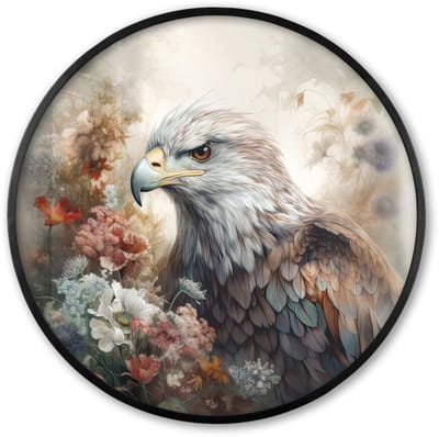 Poster in lijst Rond - Fotolijst 60x60 cm - Posters - Arend - Adelaar - Vogel - Bloemen - Natuur - Ronde posterlijst zwart - Decoratie - Wanddecoratie woonkamer - Muurdecoratie slaapkamer