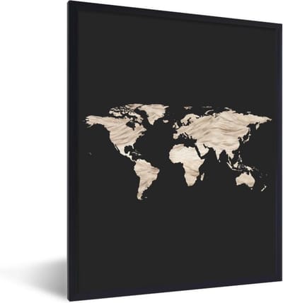 Poster in lijst - Fotolijst 60x80 cm - Posters - Wereldkaart - Beige - Zwart - Posterlijst zwart - Decoratie - Wanddecoratie woonkamer - Muurdecoratie slaapkamer