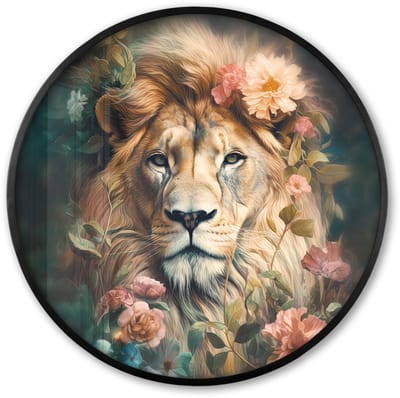 Poster in lijst Rond - Fotolijst 60x60 cm - Posters - Leeuw - Leeuwenkop - Wilde dieren - Bloemen - Ronde posterlijst zwart - Decoratie - Wanddecoratie woonkamer - Muurdecoratie slaapkamer