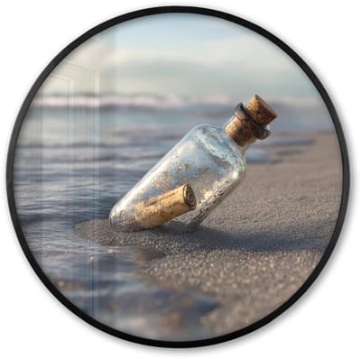 Poster in lijst Rond - Fotolijst 60x60 cm - Posters - Glazenfles - Post - Zee - Zand - Ronde posterlijst zwart - Decoratie - Wanddecoratie woonkamer - Muurdecoratie slaapkamer