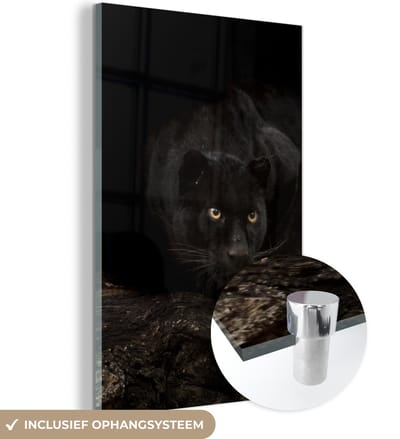 MuchoWow® Glasschilderij 120x180 cm - Schilderij acrylglas - Panter - Bos - Ogen - Foto op glas - Schilderijen