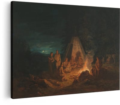Artaza Canvas Schilderij Kampvuur - 60x40 cm - Wanddecoratie Tipi Nacht - Muurdecoratie Bos Landschap - Decoratie Maanlicht