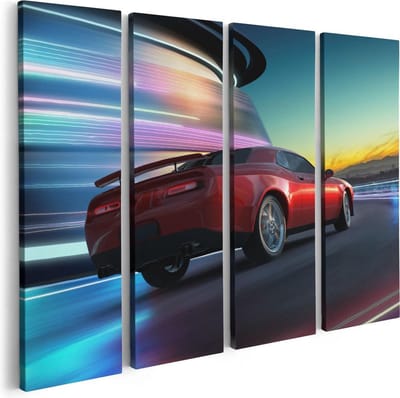 Artaza Canvas Schilderij Vierluik Rode Sportwagen Auto In De Stad - 80x60 - Foto Op Canvas - Canvas Print
