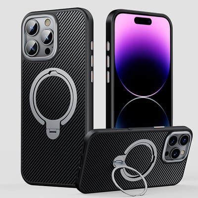 Hoesje geschikt voor iPhone 14 Pro Magsafe hoesje met Carbon uitvoering - 360° Draaibare Magnetische Standaard - Back Cover Kickstand Ring – Zwart