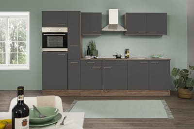 Goedkope keuken 300 cm - complete keuken met apparatuur Oliver - Donker eiken/Zwart - keramische kookplaat - afzuigkap - oven - spoelbak