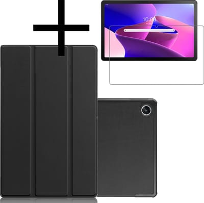 Hoes - Geschikt voor Lenovo Tab M10 Plus (3e / 3rd Generatie) - Met Screenprotector - Trifold Bookcase - Hard Cover - Hardcover Book Case - Tablet Hoesje - Zwart